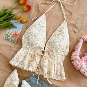 Apricot Boho Women's Jacquard V-Neck Ruffle Hem Blouse with Floral Embroidery